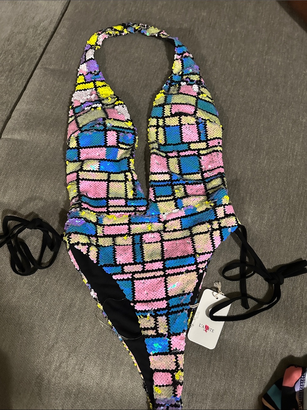 L'Amour Kids Multicolor Sequin Plaid One-Piece Swimsuit